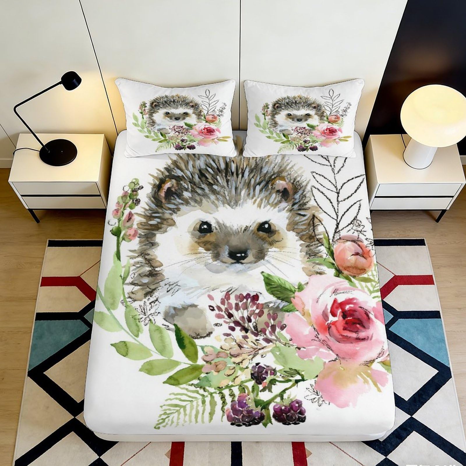 3D Printed Hedgehog Floral Fitted Sheet Microfiber Soft Washable Mattress Cover for Bedroom Dorm Decor, Anti-Slip, White 160x200x25cm