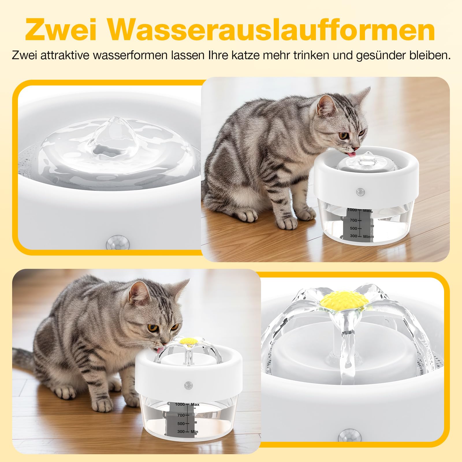 Drinkfontein voor katten, 1 liter, waterfontein voor katten en honden, 1000 mAh op batterijen, met bewegingsmelder, filter, twee uitloopmodi, 120 groothoek, inductor voor katten en honden