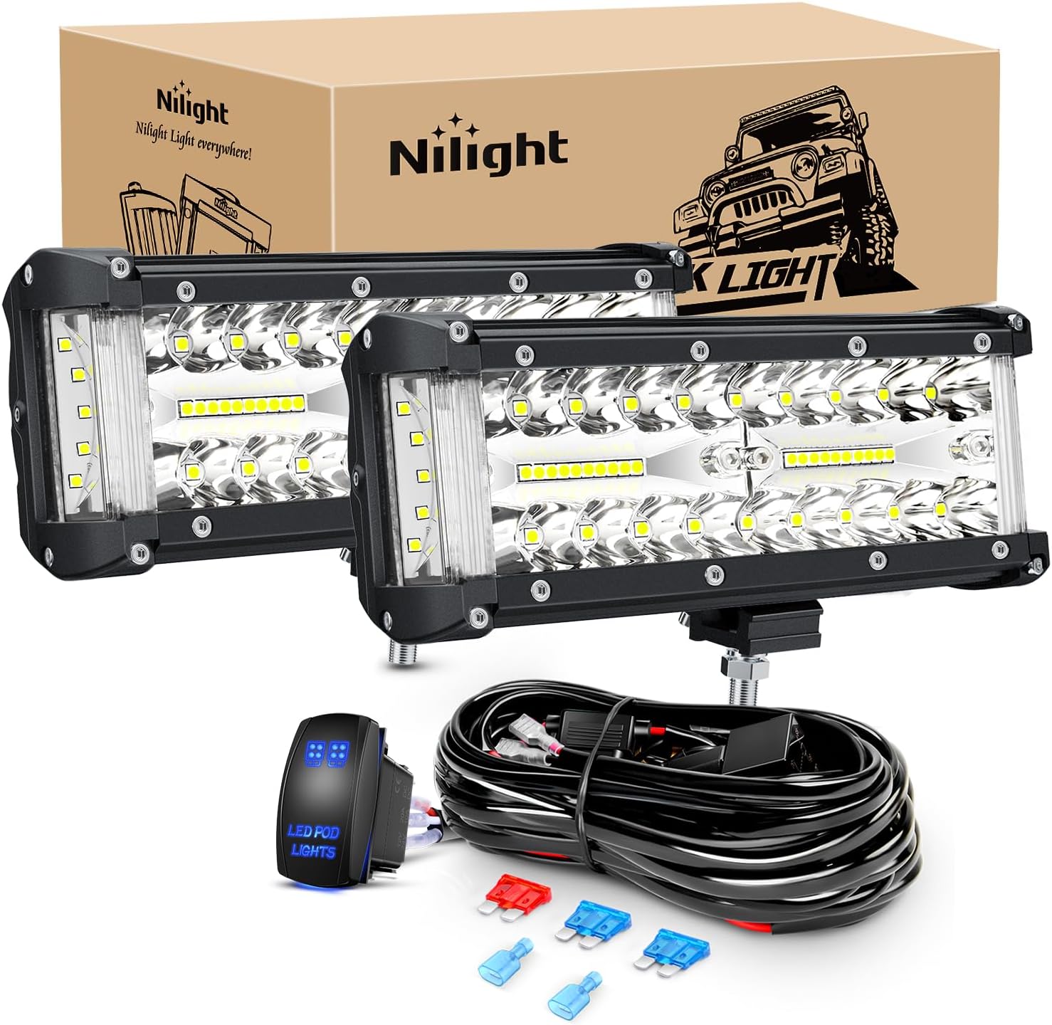Nilight Aspect Shooter LED Mild Bar 2PCS 7 Inch Triple Row Spot Flood Combo Lights Work Lighting with 5Pin Rocker Change Wiring Harness Package for Off Highway Mild on Truck SUV ATV UTV