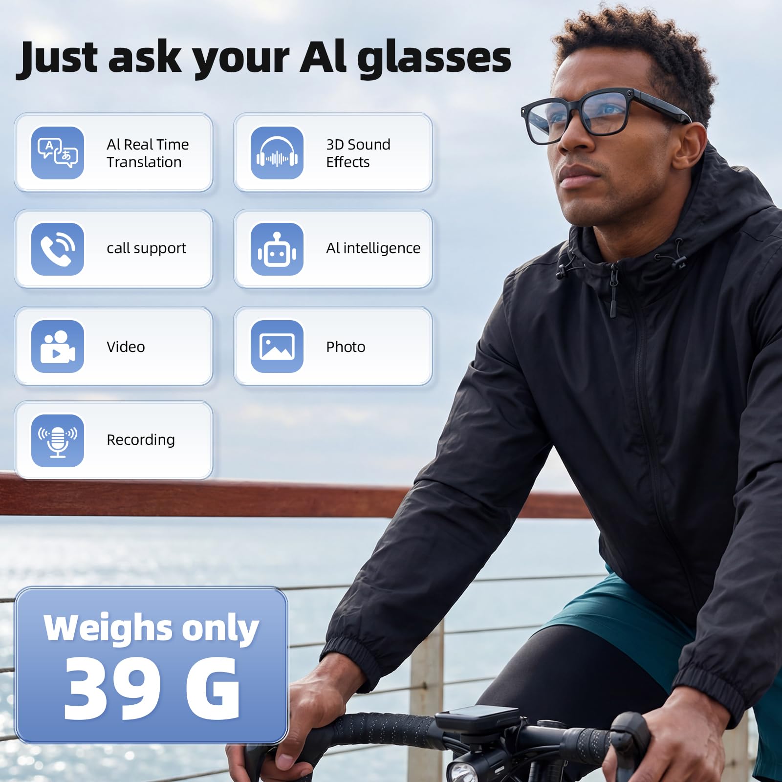 Smart Brille mit 4K HD Kamera und Bluetooth, Echtzeitübersetzung, Musik & Freisprechanrufe, Photochrome Linsen, UV & Blaulichtschutz für Damen & Herren