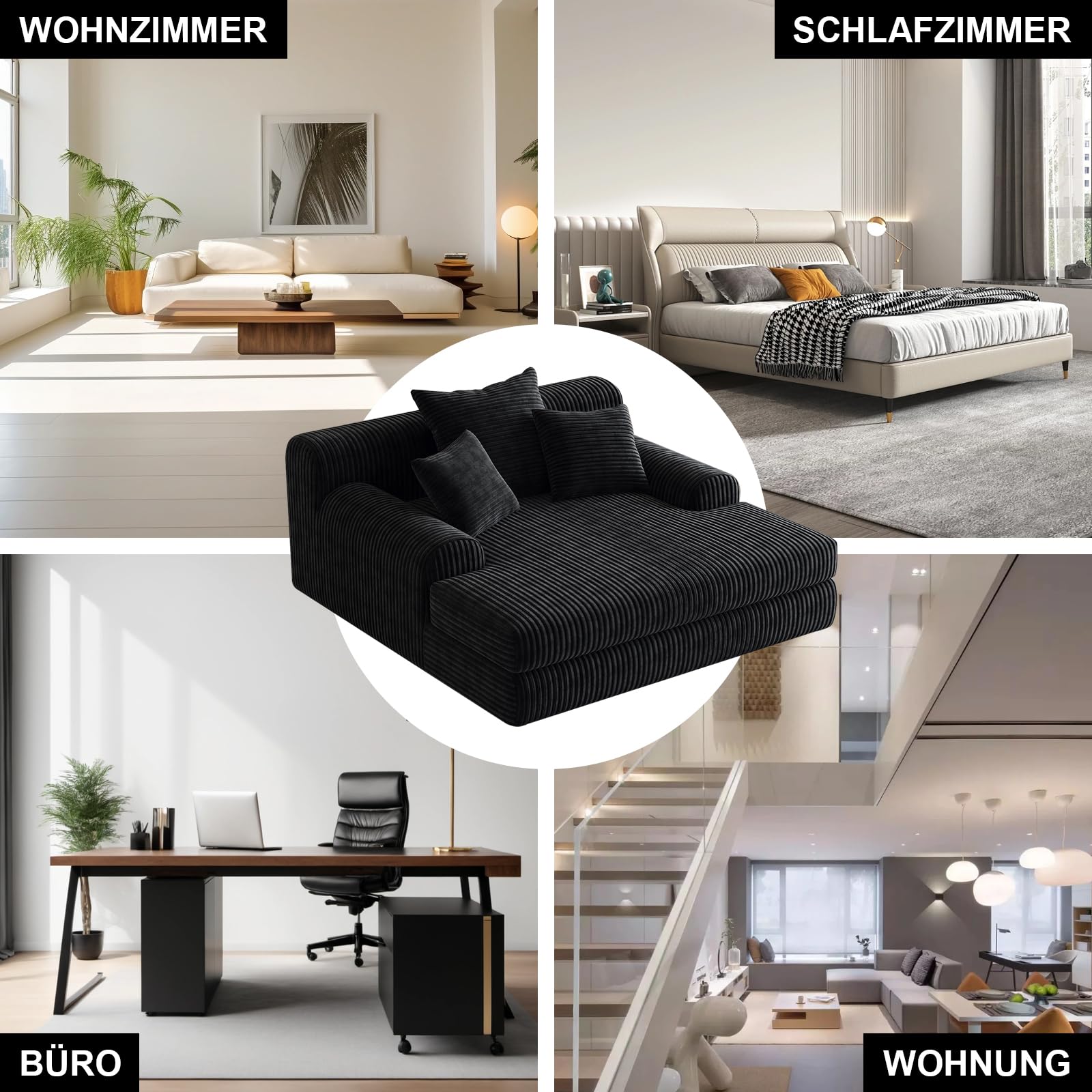 Sofá Moderno de Pana con función de sofá Cama y Chaise Longue, sofá en la Nube con 3 Cojines, cómodo Asiento para Sala de Estar en Negro, sin Montaje