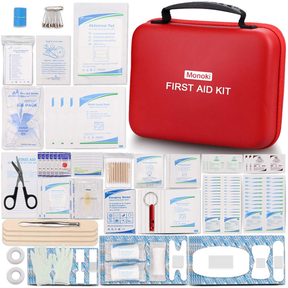 Monoki First Aid Kit, 350 Pcs Emergency Safety First Aid Kit Medical Supplies for Home, Office, School, Car, Boat, Travel, Camping, Hiking, Sports, Adventures