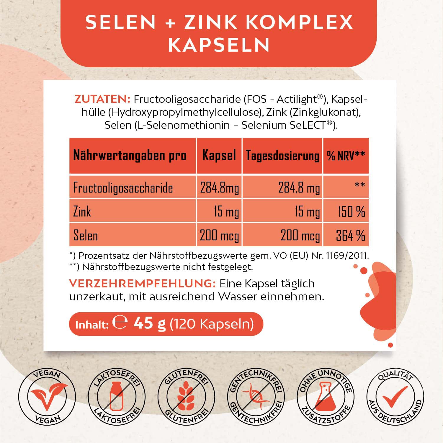 Selen + Zink Komplex Kapseln I 120 Extra kleine Kapseln I 200 mcg L-Selenmethionin + 15mg Zinkgluconat I hochdosiert für veganer & Vegetarier I ohne Magnesiumstearat