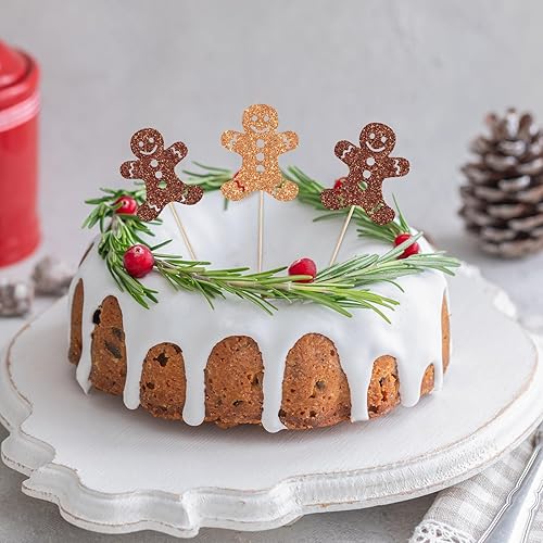 Miniatura 6 de Whaline 48 piezas de decoración de cupcakes de Navidad con purpurina marrón de pan de jengibre para hombre, palillos de comida navideña para