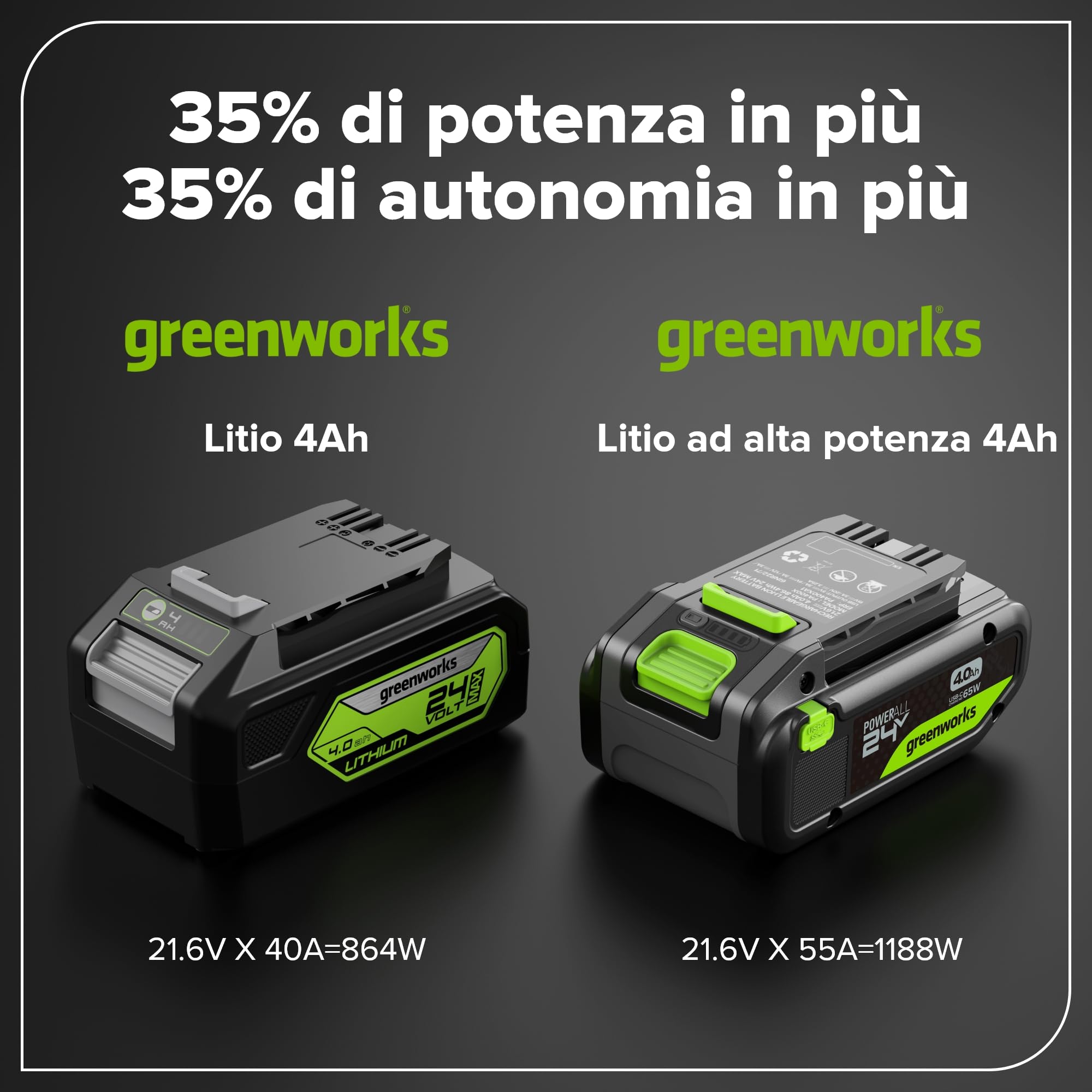 Greenworks TwinPack 24V 4Ah Batteria Ricaricabile ad Alta Potenza USB-C Batteria Li-Ion Compatibile con Tutti gli oltre 200 Dispositivi Greenworks 24V, 2 anni di garanzia - K2D8NNA