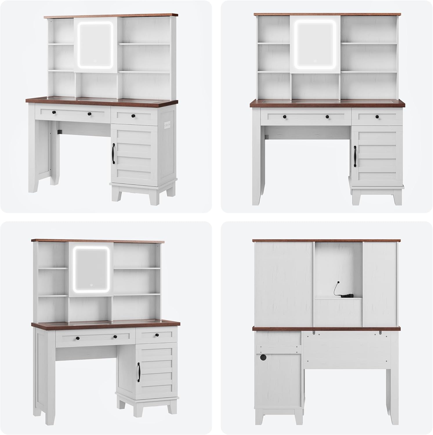 GarveeHome Farmhouse Makeup Vanity Desk with Solid Wood Stool, Makeup Table with Mirror and Lights & Power Outlet, Makeup Table with 2 Drawers, Dressing Table with Glass Top for Bedroom, Brown+White