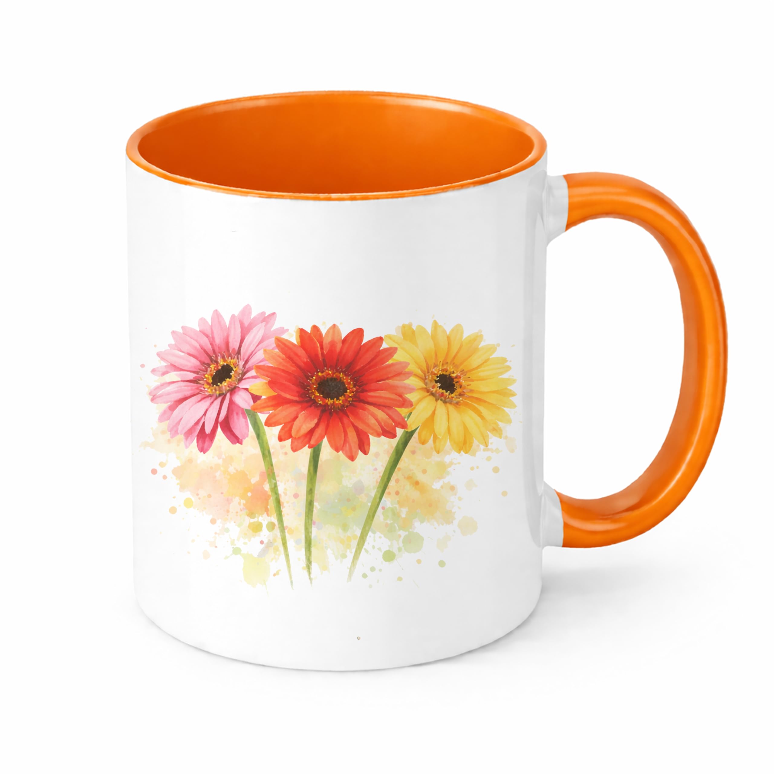 Brew Crew Gifts Gerbera Mug, White Ceramic with Watercolour Floral Design, 11oz, Dishwasher and Microwave Safe, Gloss Finish (Orange)