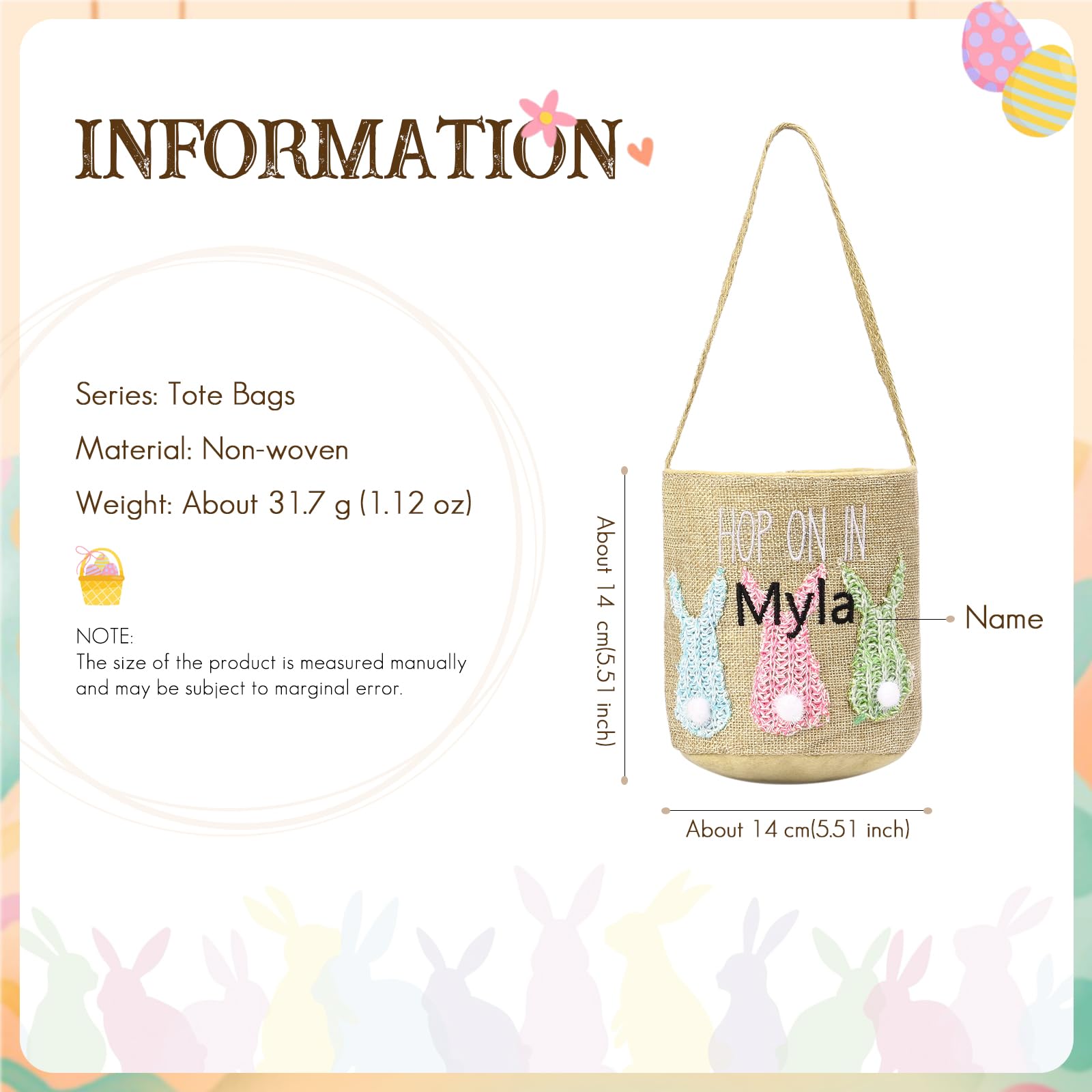 Lovejewelry Personalized Easter Bunny Basket with Custom Name Pink Large Easter Bucket for Girls Cute Easter Baskets Empty for Carrying Gift Easter Eggs Hunt Bag (Pink and White)