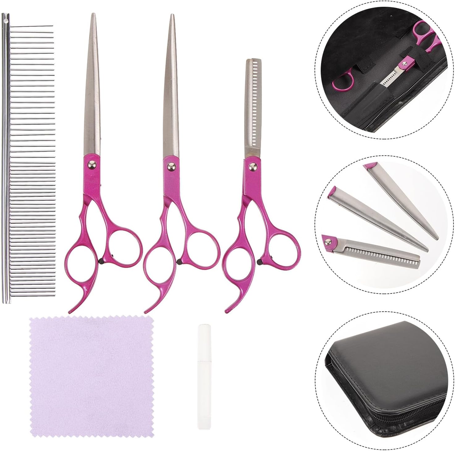 Professional Dog Grooming Scissors Set 3 Pieces 7.0 Inch Rose Red Pet Scissors for Grooming with Straight Curved Thinning Shears and Comb
