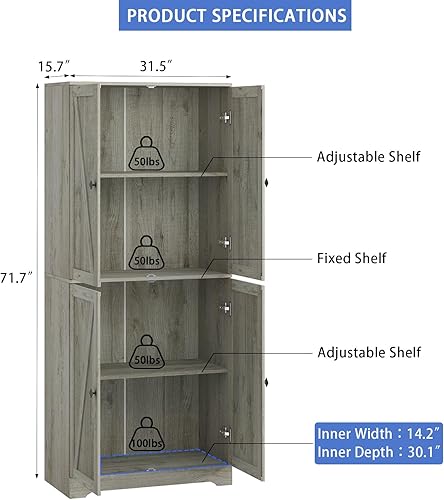 Miniatura 2 de CARPETNAL Despensa de cocina de granja de 72 pulgadas de alto con estantes ajustables, armario de almacenamiento grande de madera con cajón y 2
