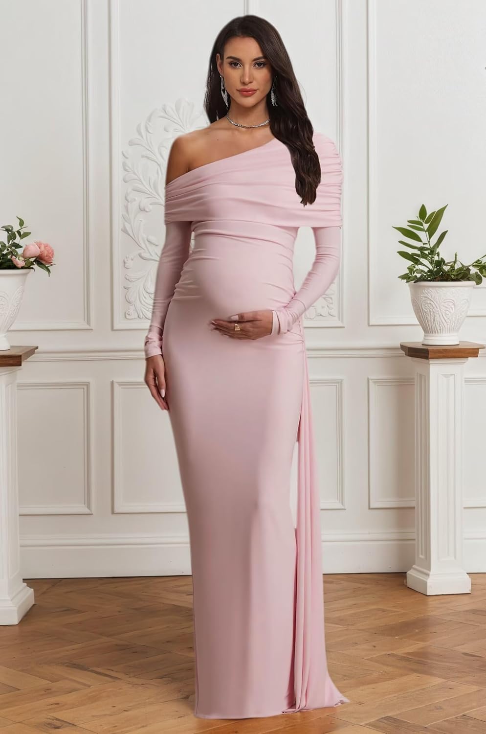 Womens One Shoulder Maternity Dresses for Photoshoot Mermaid Long Sleeve Baby Shower Dress Photography