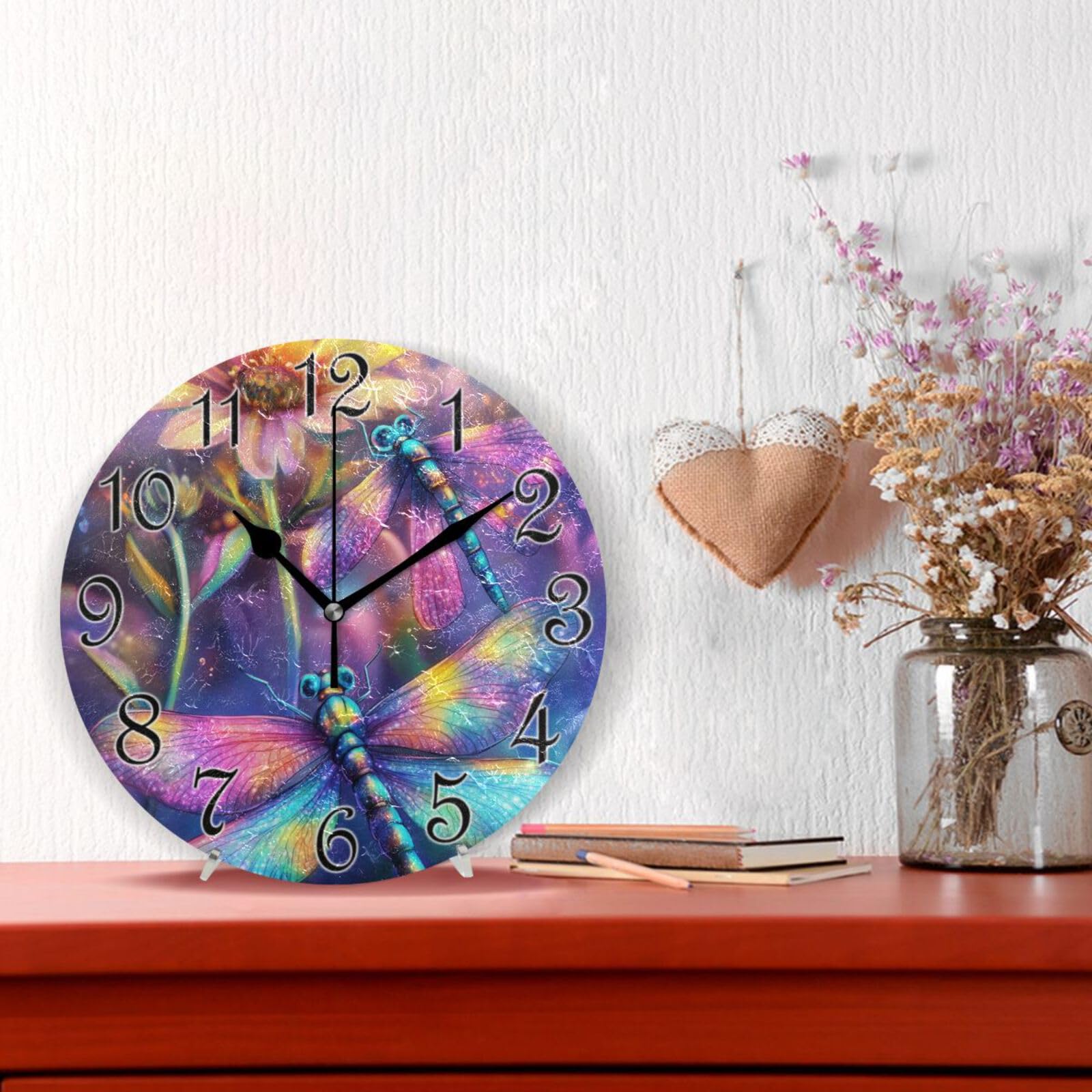 susiyo Reloj de pared redondo y silencioso con diseño de libélula y flores pastel, funciona con pilas, no hace tictac, creativo reloj decorativo para niños, sala de estar, dormitorio, oficina, cocina