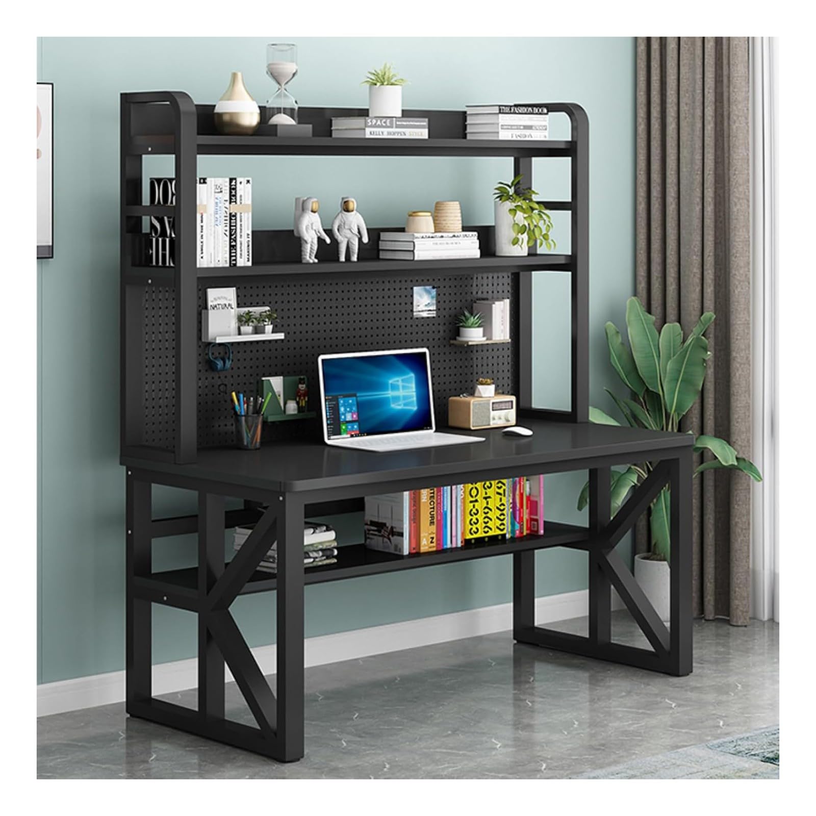 WDSOPK Computer desk Home Office Desk Computer Desk with Storage Shelves,Modern Minimalist Style,Bookshelf Workstation for Study Play Work Bedroom Home Office（Black-47in）