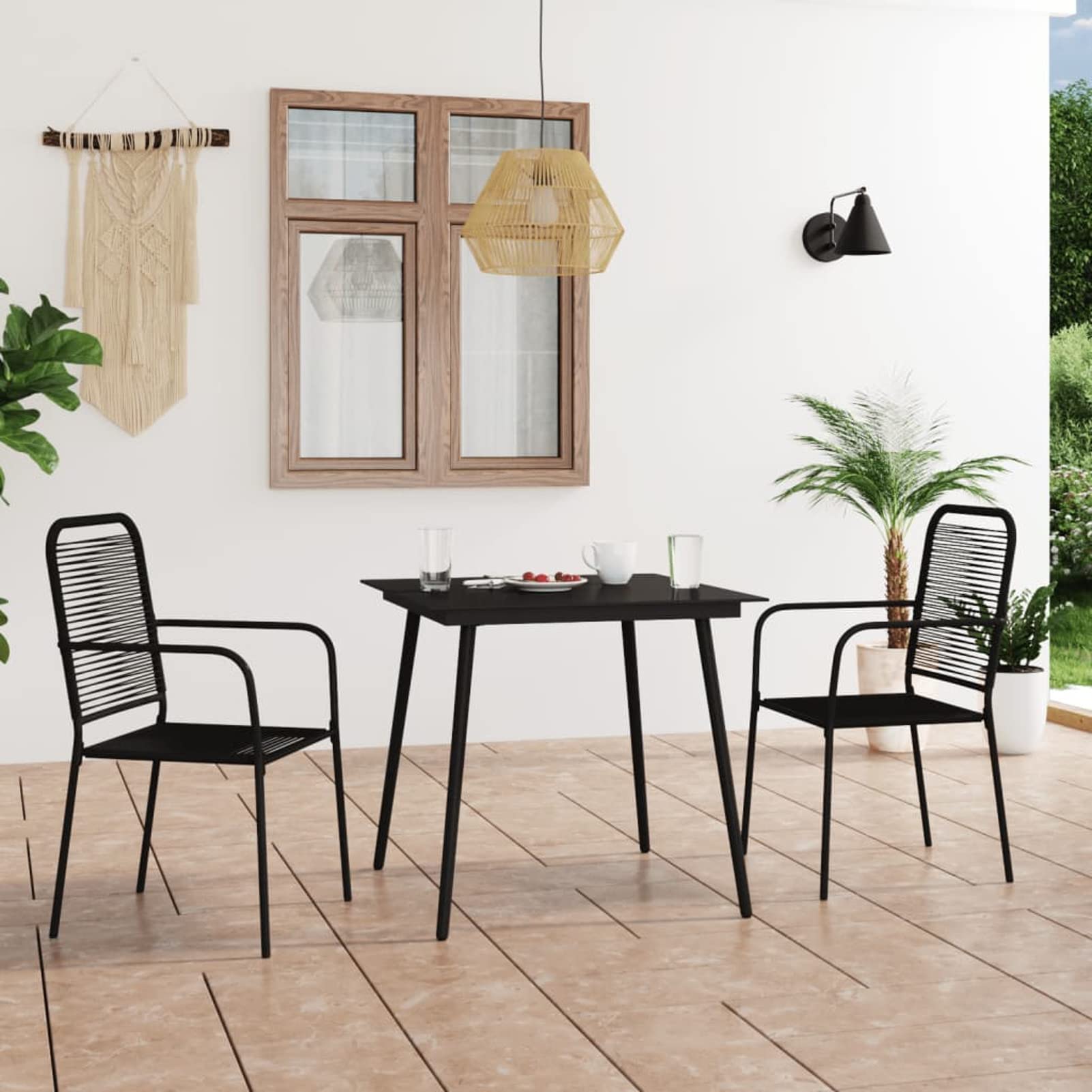 Set de Comedor de jardín 3 pzas Conjunto Mesa y sillas Jardin Muebles de Jardin Set Comedor de jardín Cuerda de algodón y Acero Negro