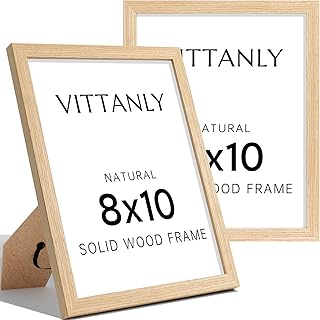 Vittanly 8x10 Picture Frame Set of 2, Solid Wood Frame for Wall or Tabletop, Display Photo 5x7 with Mat or 8x10 without Mat, Natural