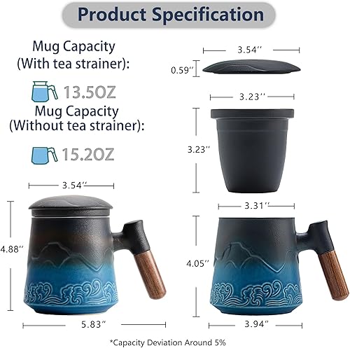Vista 4 de ZENS Taza de té con infusor y tapa para remojar hojas sueltas, taza infusor de té de cerámica en relieve de 16.9 onzas, difusor de té con mango