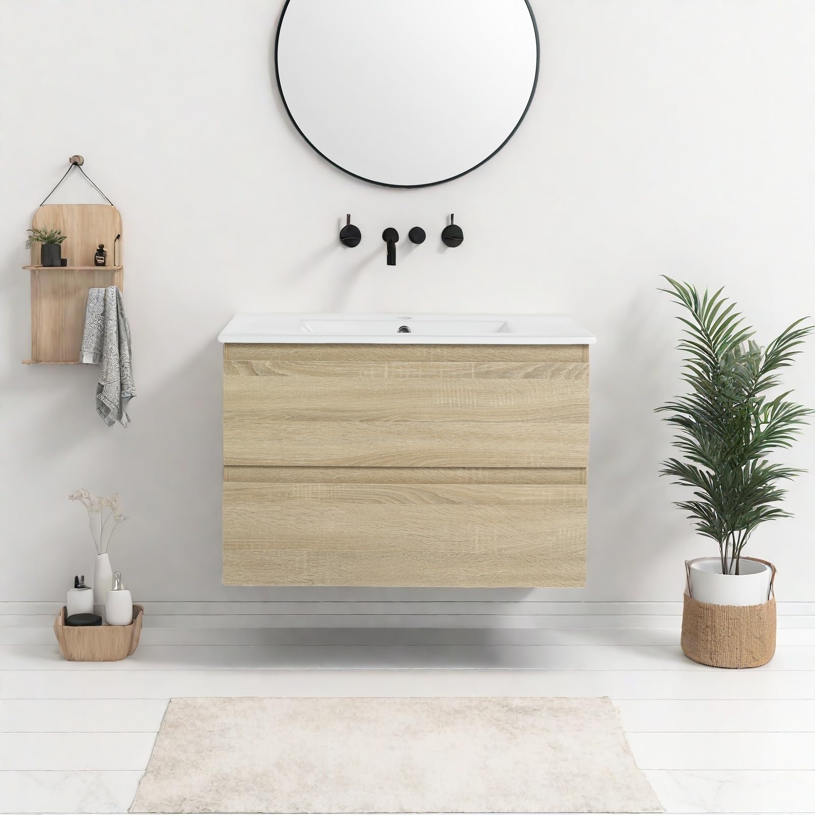 Floating Bathroom Vanity with Sink, 30" Wall-Mounted Vanity with White Ceramic Basin &amp; Woodgrain Finish, Space Saving Small Bathroom Storage Cabinet with 2 Soft-Close Drawers, Light Oak