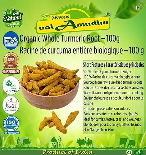 nalAmudhu Erode - Palitos de cúrcuma entera  Cúrcuma natural  Polvo de curcumina  Alta curcumina para cocinar  Refuerzo inmunológico - 7.05oz