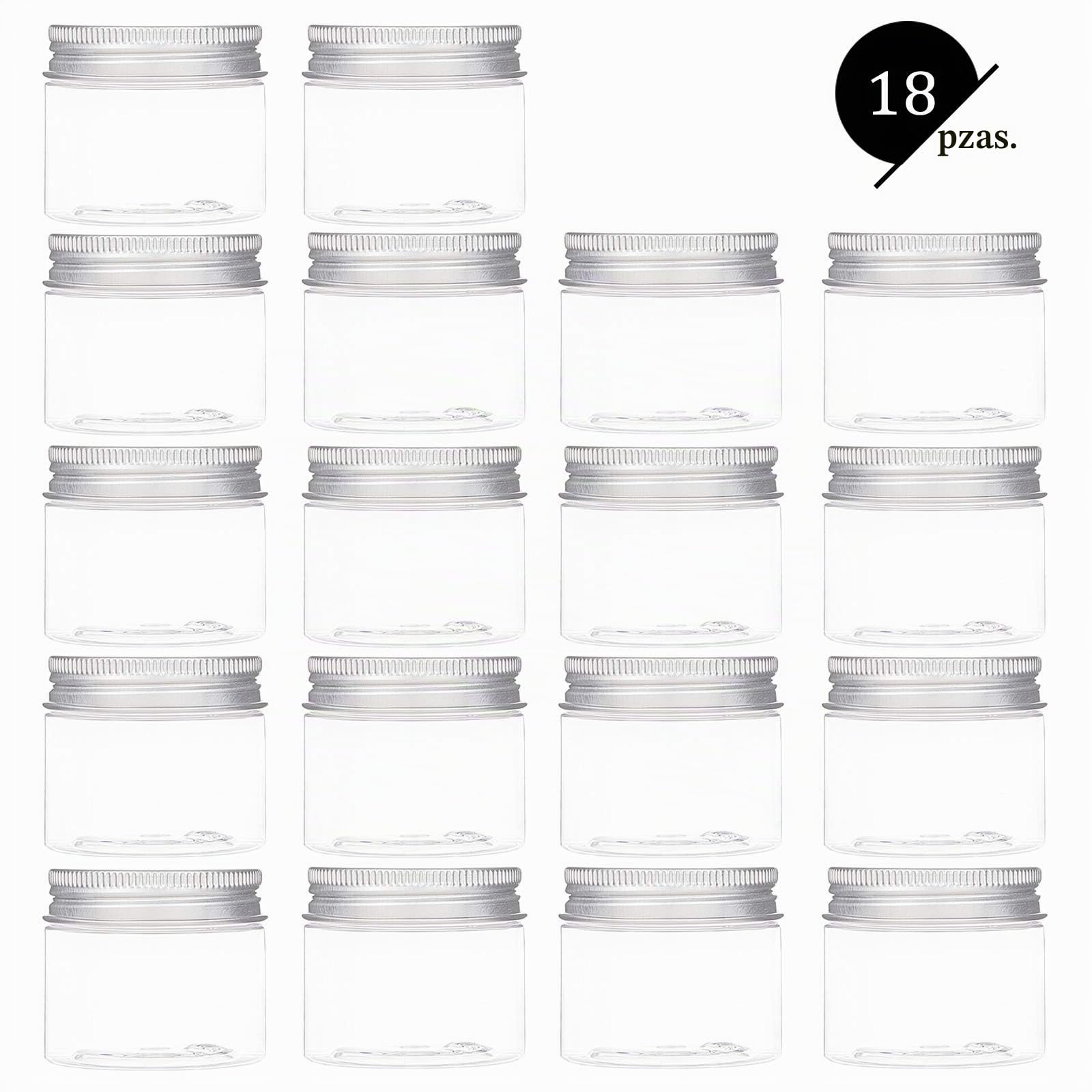 BENECREAT 18 Pack 50ml Frascos Redondos de Plástico Caja Transparente Recipientes con Tapas de Rosca de Aluminio para Productos de Belleza, Artículos Pequeños