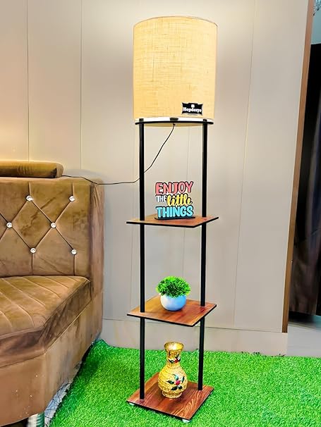 Hopdezyo Metal Corner Floor Lamp with Shelves for Living Room, Bedroom, Office, Home Decoration (Khadi Shade) LED