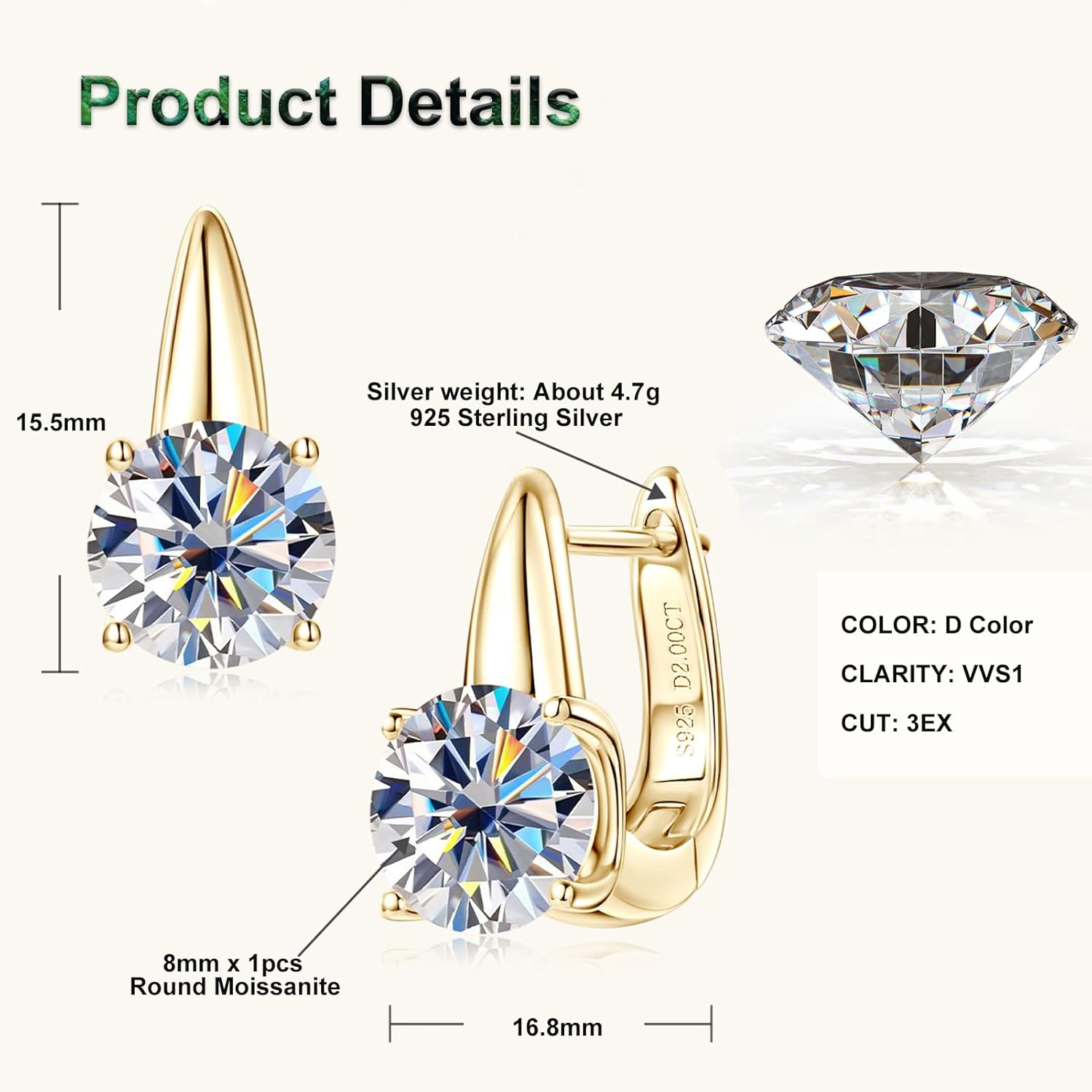 U-Shaped Moissanite Hoop Earrings, 2CT D Color VVS1 Clarity 925 Sterling Silver U-Shaped Earrings for Women Mom Birthday Holiday Jewelry Gifts - Image 3