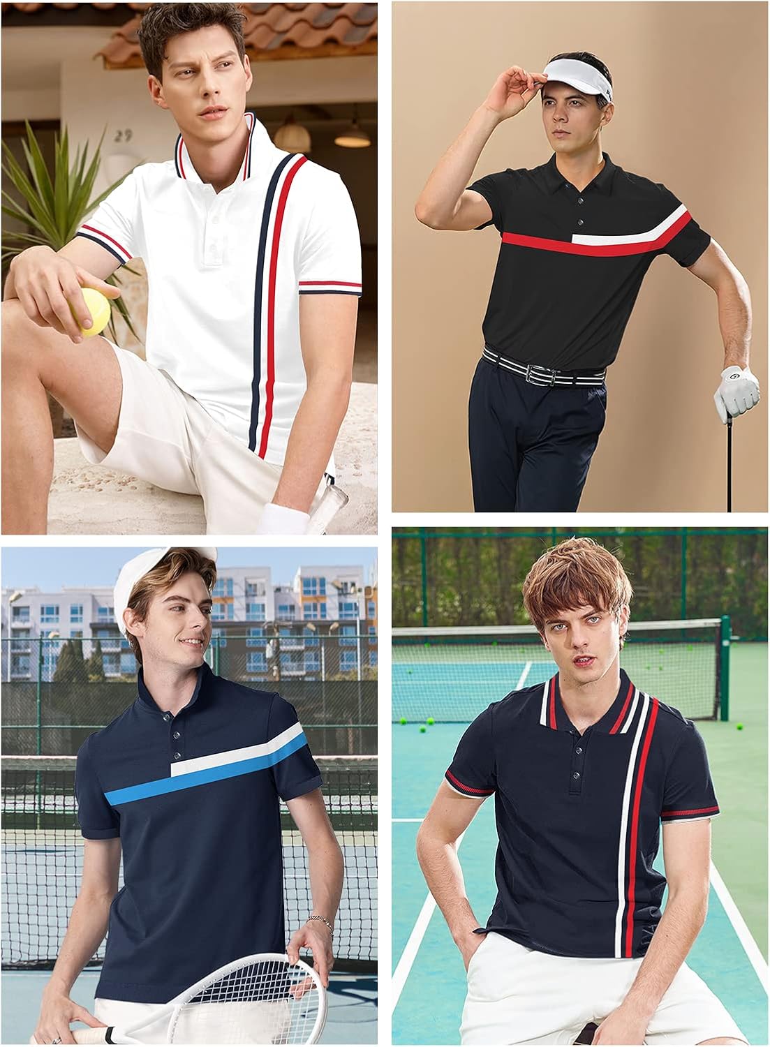 ALTAIREGA Men's Knit Cotton Polo Shirts Short Sleeve Button Up Elastic Breath Color Block Striped T Shirt for Golf Tennis D-black Small