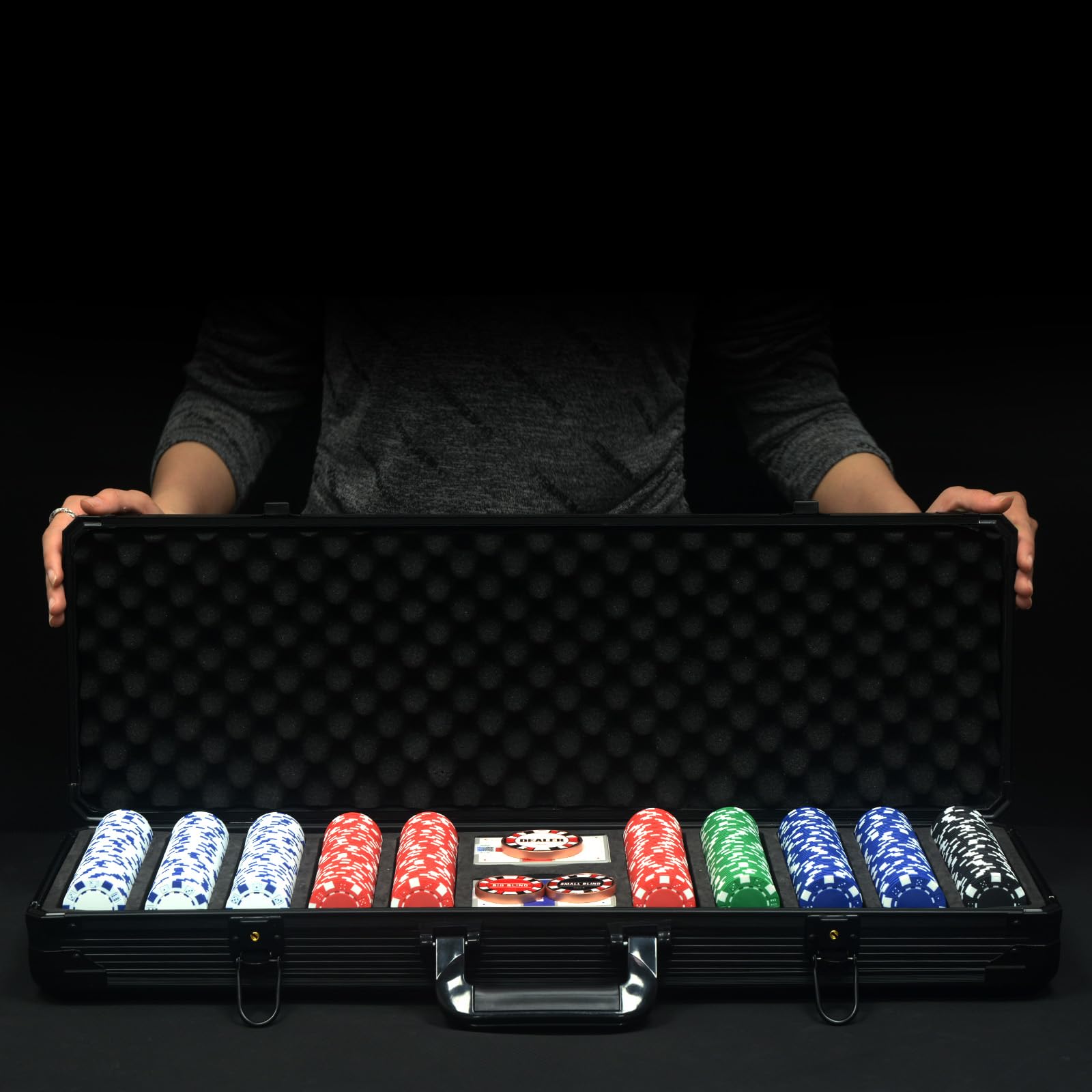 Texas Hold'em Pokerchip-Set, 500 leere Pokerchips mit High-End-Aluminium-Reiseetui, 11,5 g, Casino-Poker-Chips, 2 Kartendecks für Texas Holdem Blackjack (500 leere Chips)
