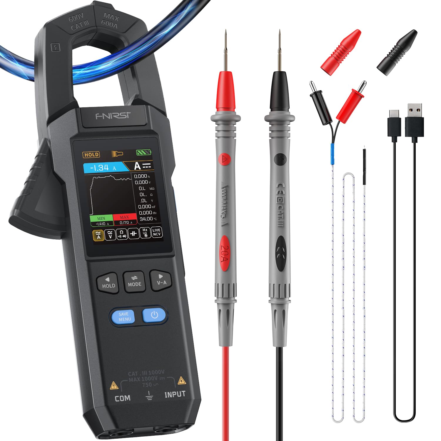 FNIRSI DMC-100 Digital Clamp Meter 9999 Counts TRMS Multimeter, 600A Curve Recording Rechargeable Amp Meter with Storage Bag, NCV, AC/DC Voltage Current, Continuity Capacitance Diode Resistance-image-41