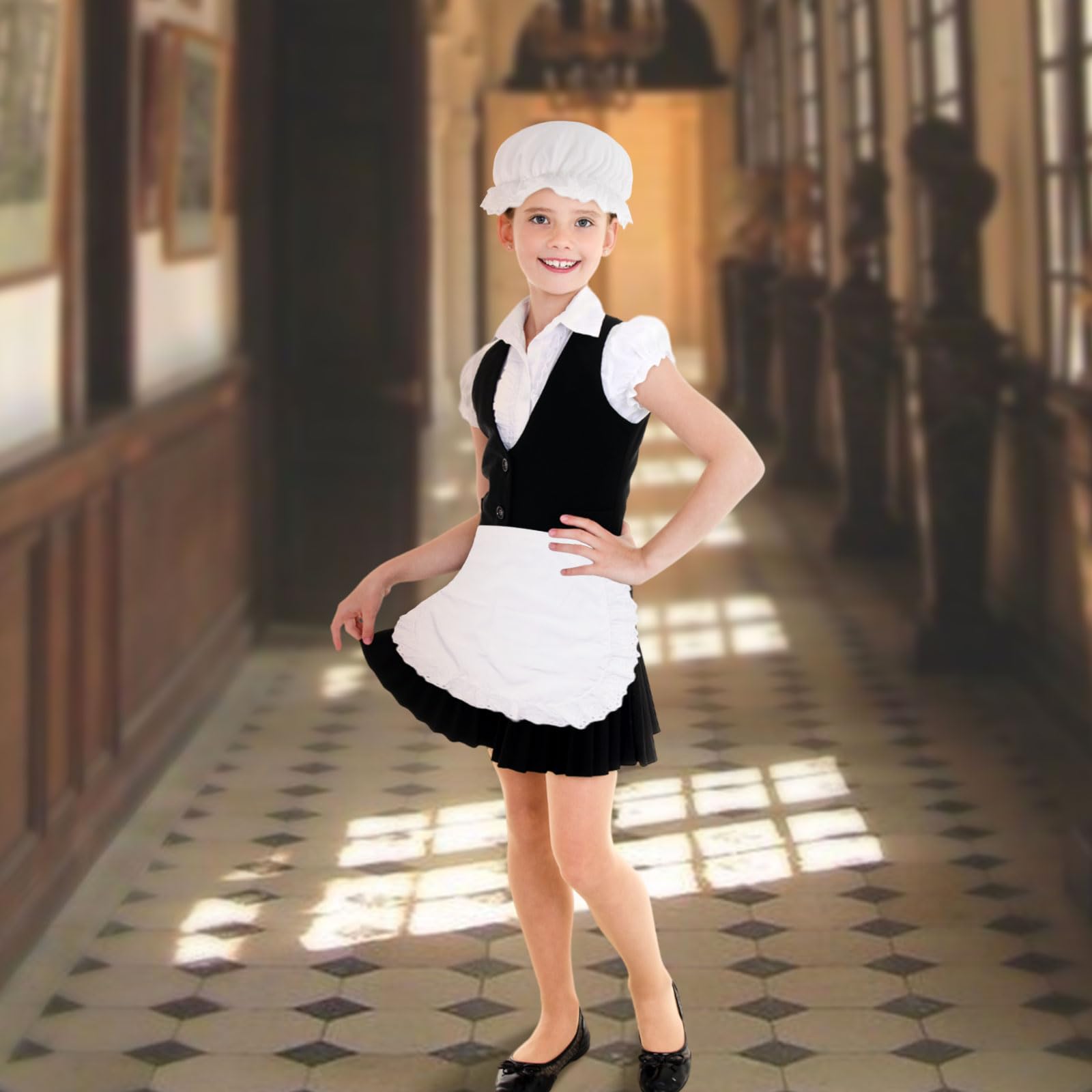 UILYNIU 2 Pieces Maid Costume Accessories for Kids White Maid Cap and Retro Half Waist Maid Apron - Image 4