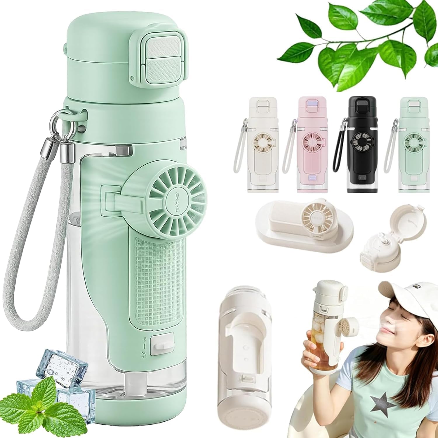 2-in-1 Water Bottle with Built-In Foldable Fan, 690ml Portable Cooling Water Bottle, 3 Speed USB-C Rechargeable Leakproof Flip Lid Straw Cup with Strap for Outdoor Sports (Green)