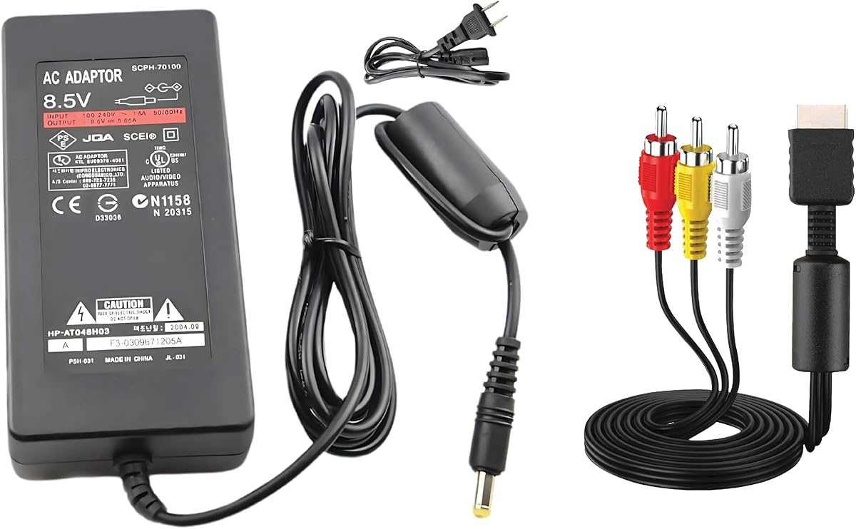 Power Supply AC Charger Adapter Cord and AV Cable for Sony PlayStation 2 PS2 Slim A/C 70000 9000 SCPH-70000 Gaming Console Replacement Wall Travel Charger Video Audio Cord Set Kit