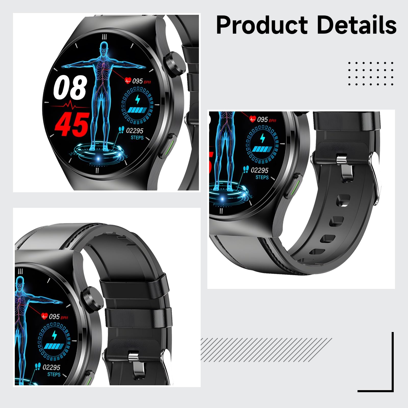 Fitness & Health Smart Watch dla mężczyzn z połączeniami, monitorowaniem tętna i ciśnienia krwi, czarny, silikonowy pasek