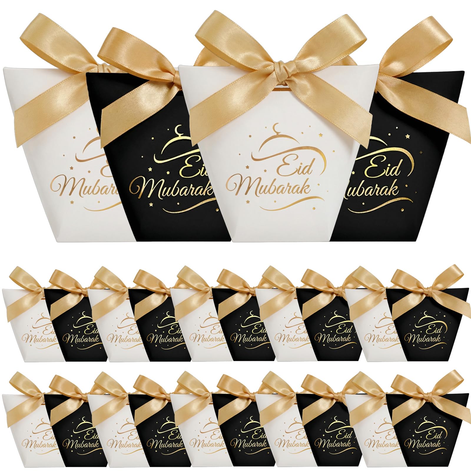 24Pcs Eid Mubarak Gift Bags for Ramadan, Gift Boxs for Halal Chocolate, Dates Sweet, Dessert - Muslim Gift Bags with Gold Ribbons for Ramadan Gifts, Eid Mubarak Party Decorations
