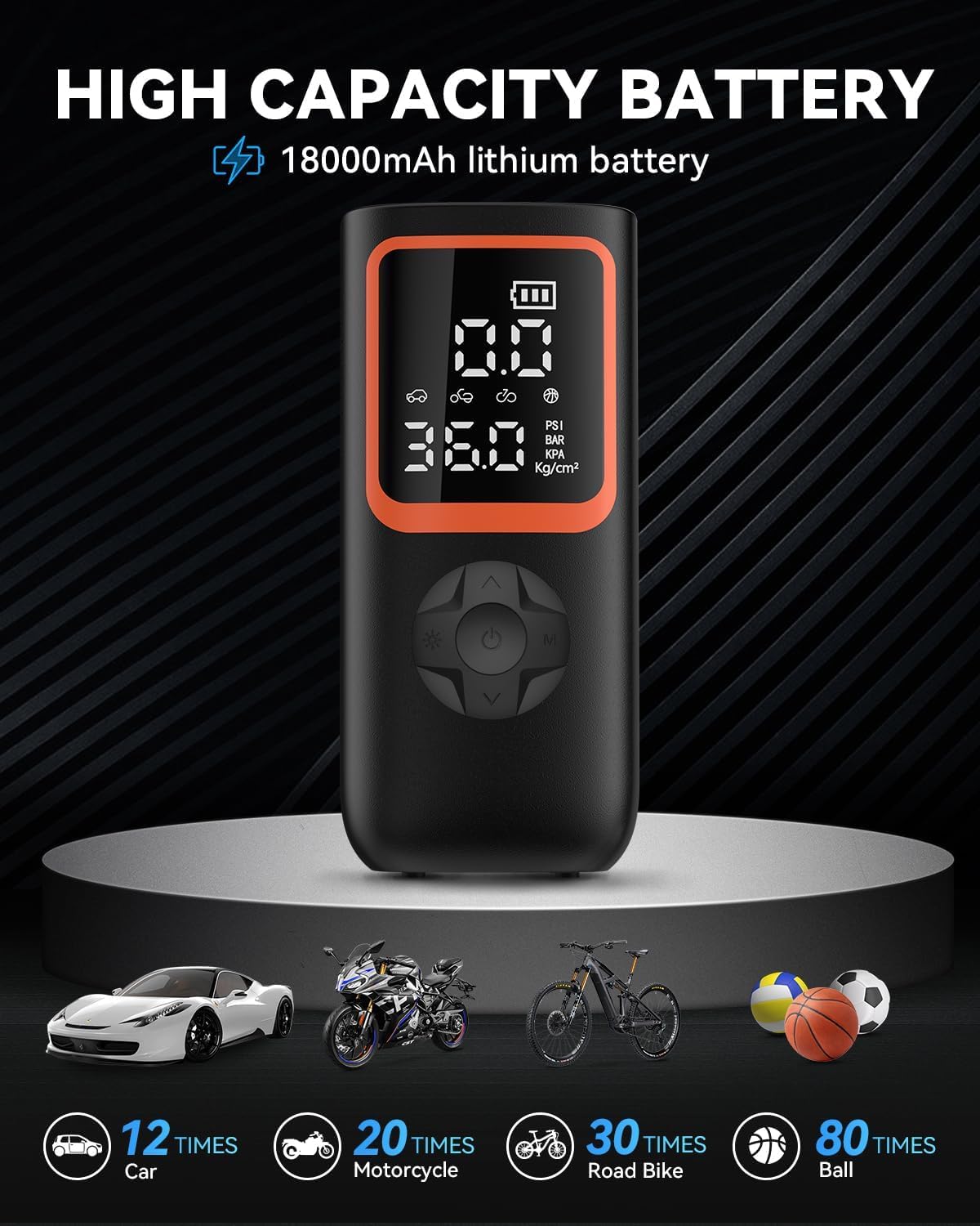 Gonfleur de pneus portable - Pompe à air sans fil 150PSI pour pneus de voiture avec manomètre et lumière LED, gonflage 2X plus rapide Compresseur d'air électrique pour voiture, vélo, moto, ballon