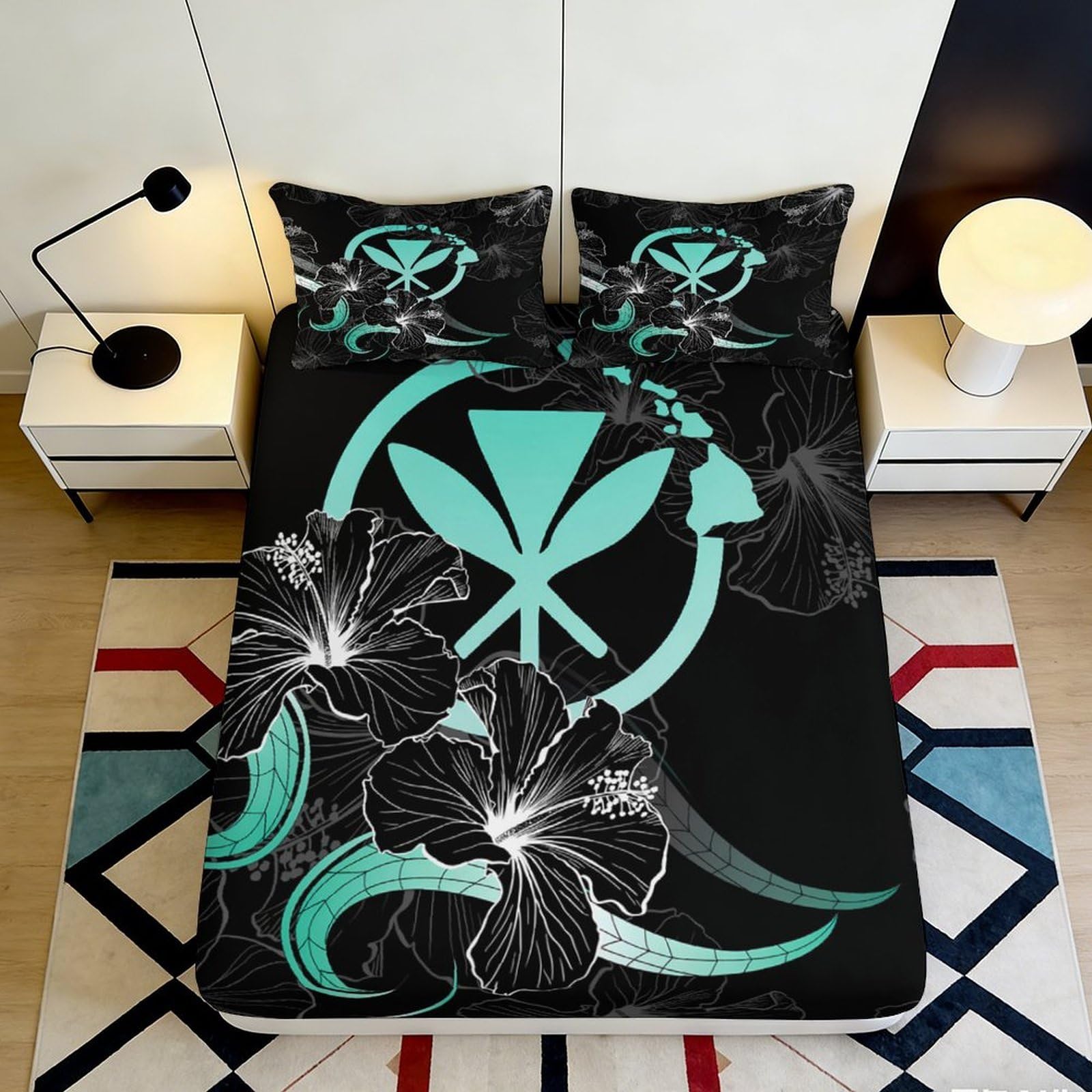Elegant bedroom decor 3D Printed Fitted Sheet with turquoise floral pattern, Microfiber soft touch, wrinkle resistant, apartment bedding, easy care, stylish accent 90x200x25cm