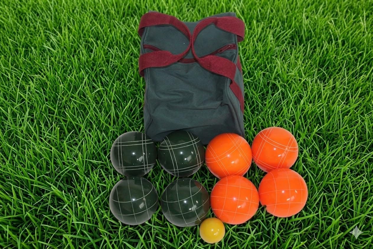 BuyBocceBalls Listing - Made in USA, Premium Quality Tournament Bocce Set - 110mm Orange and Dark Green Balls, Nylon Bag, 998 Grams (2 lbs. 3.2 oz.). Various Bag Colors