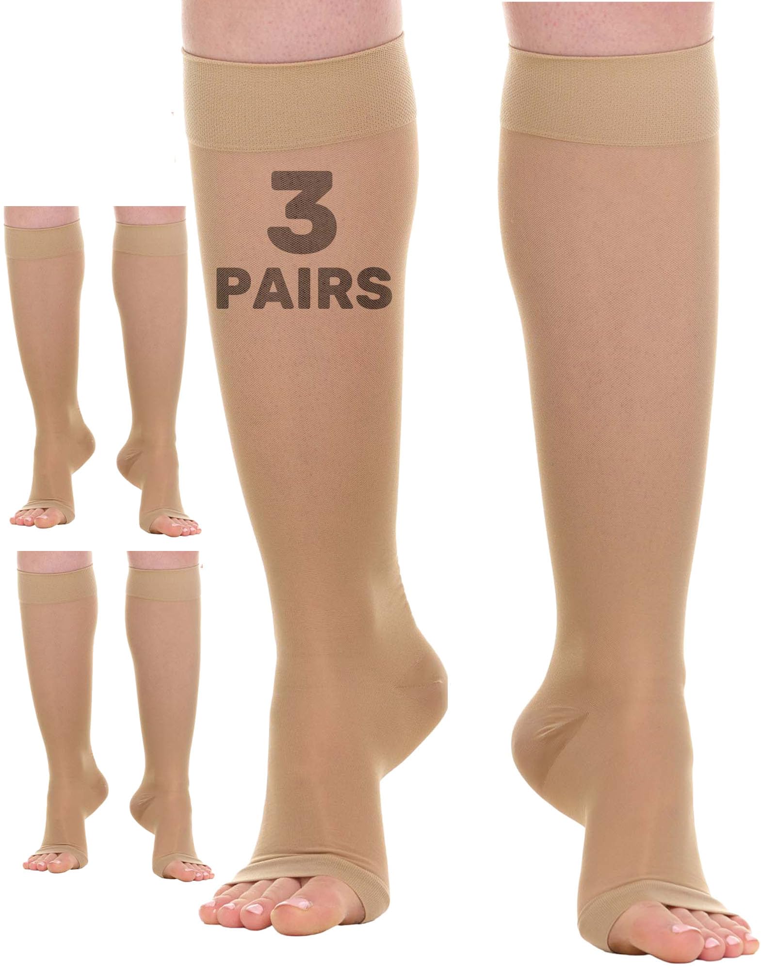 (3 Pairs) Sheer Compression Socks for Women 15-20mmHg Open Toe - Toeless Knee Highs Support Stockings for Circulation - A413