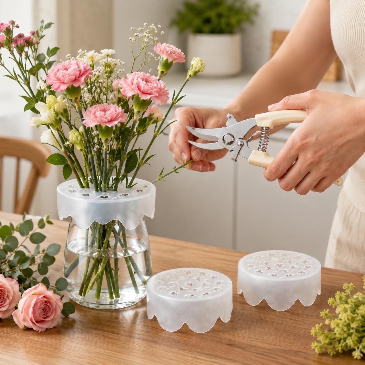 Silicone Flower Arranging Grid 3 Pack, Blossom Grid Silicone for Vases, Reusable Stretch Floral Stem Holder, Clear Floral Tape Alternative & Ikebana Frog Substitute (White)