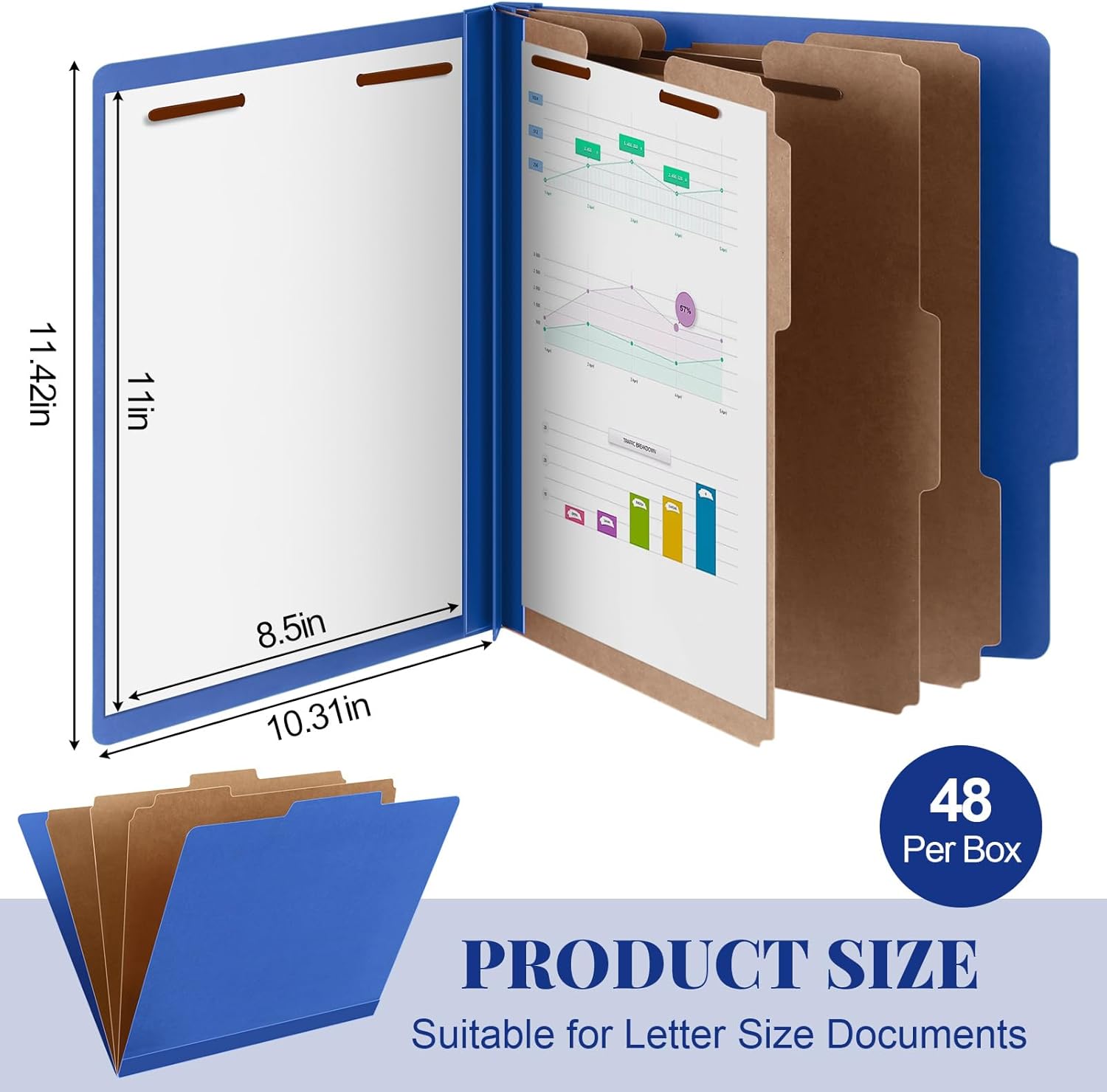 Skyygemm 48 Pcs Classification Folders Letter Size, 3 Divider Pressboard File Folder with Fasteners, Expanding File Organizer Bulk for School Teachers, Office Employee, Coworker, Staff (Dark Blue)