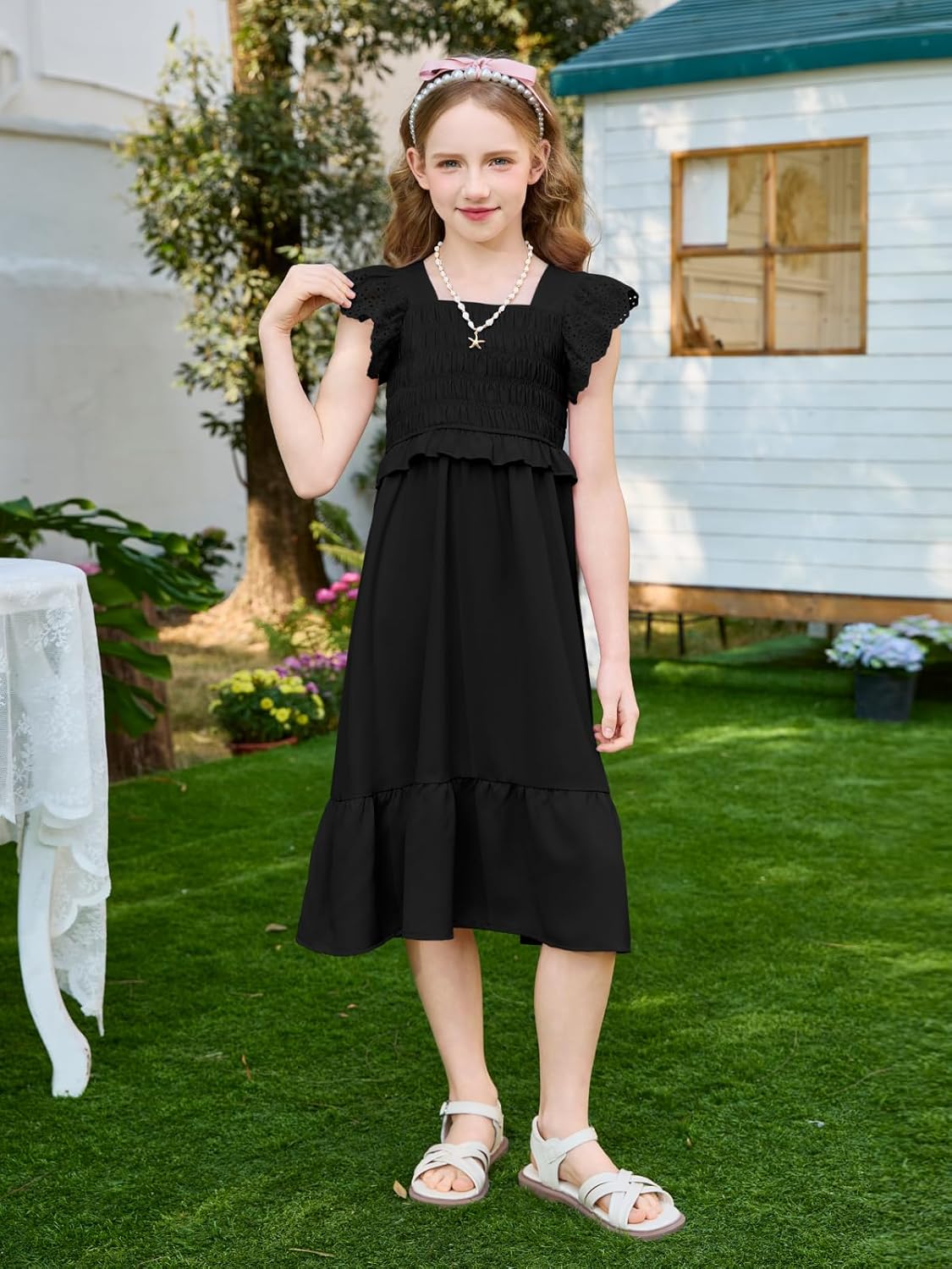 Haloumoning Girls Summer Dress Kids Ruffle Sleeve Square Neck Smocked Dresses Tiered Midi Sundress 5-14Y