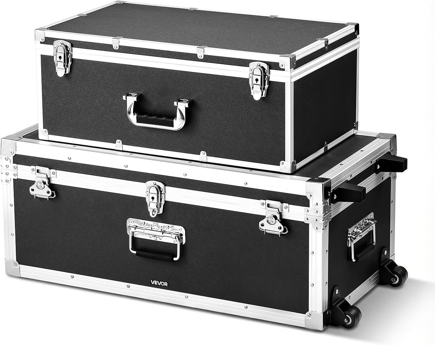 VEVOR Storage Trunk, Set of 2, Wooden Suitcase Storage Boxes with Padlocks, Large Trunk Includes Casters and 3 Metal Handles, Decorative Store Chest with Lids for Travel, Apartment, Dorm, Black