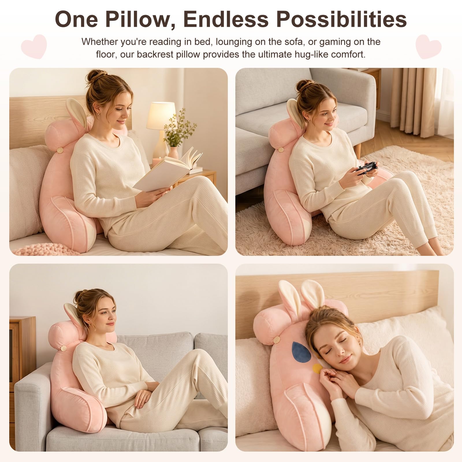 Cuscino Ergonomico da Lettura, Morbido Peluche con Imbottitura PP, Schienale Alto, Cuscino da Lettura per Letto E Poltrona con Cuscino Removibile, per Adulti E Ragazzi,Cream Cat,75X50CM