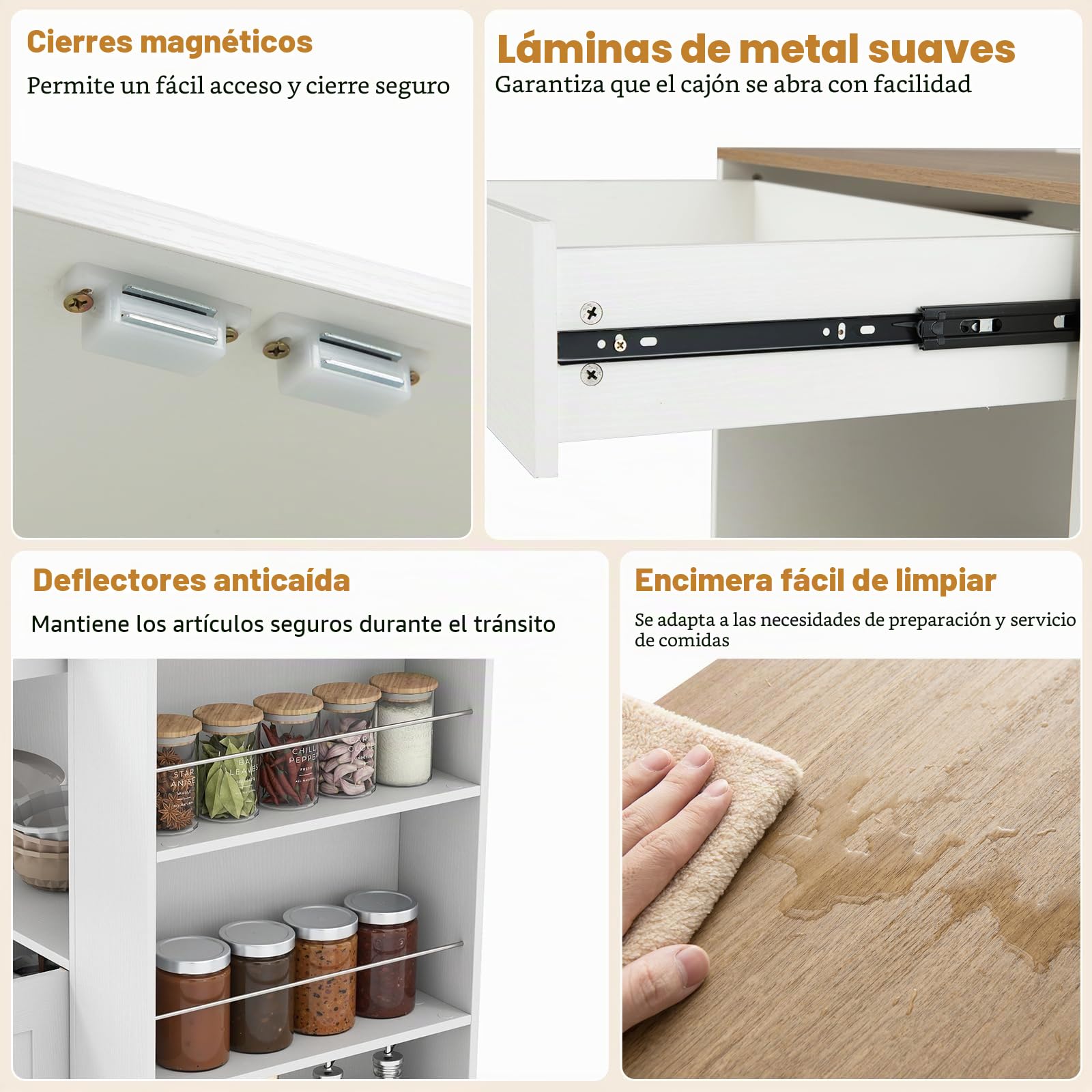 GIANTEX Carro de Cocina con Cajón, Isla de Cocina de Madera con Ruedas, con 1 Cajón, 2 Puertas y 3 Estantes Laterales, Mueble Auxiliar de Almacenamiento para Comedor, 75 x 46 x 90,5 cm (Blanco)