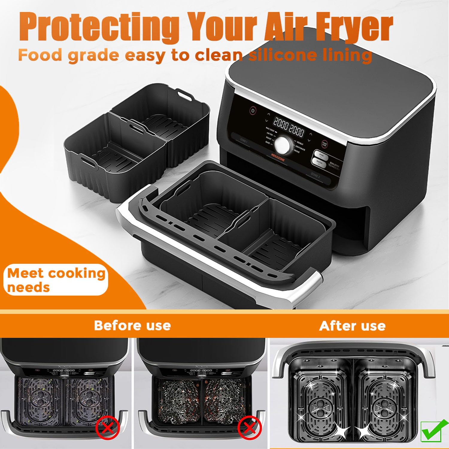 Heißluftfritteusen Zubehör, Airfryer Zubehör für Ninja Foodi AF500EU 10,4 L, Air Fryer Silikonmatte, 1 x 10,4 L und 2 x 5,2 L Airfryer Silikon Einsatz, Dual Zone Ninja Airfryer Zubehör