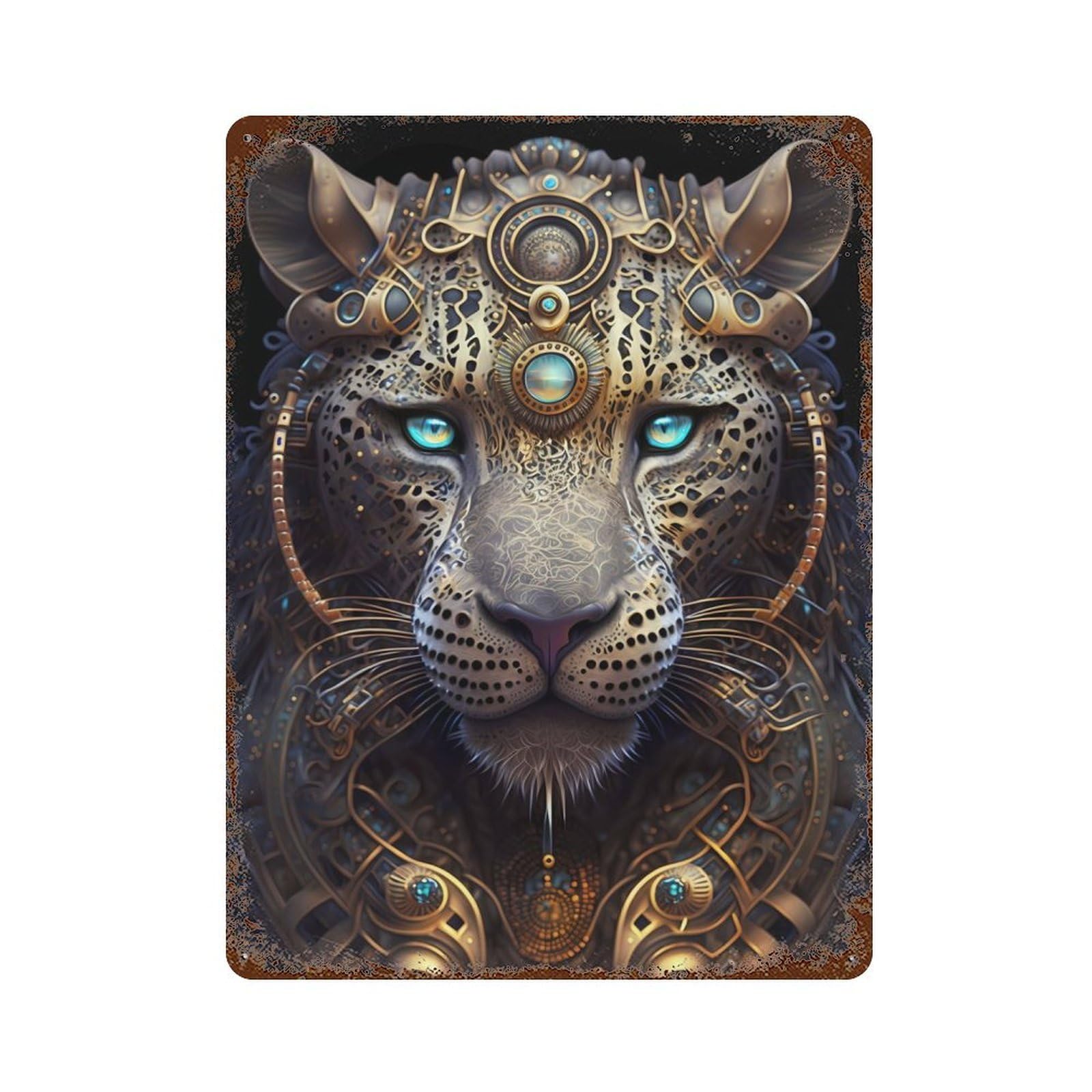Decorative Tin Sign with Mystical God Leopard Design 15.7"x11.8", for Basement, Hobby Room And Garage Decor, Rustic Home Decor