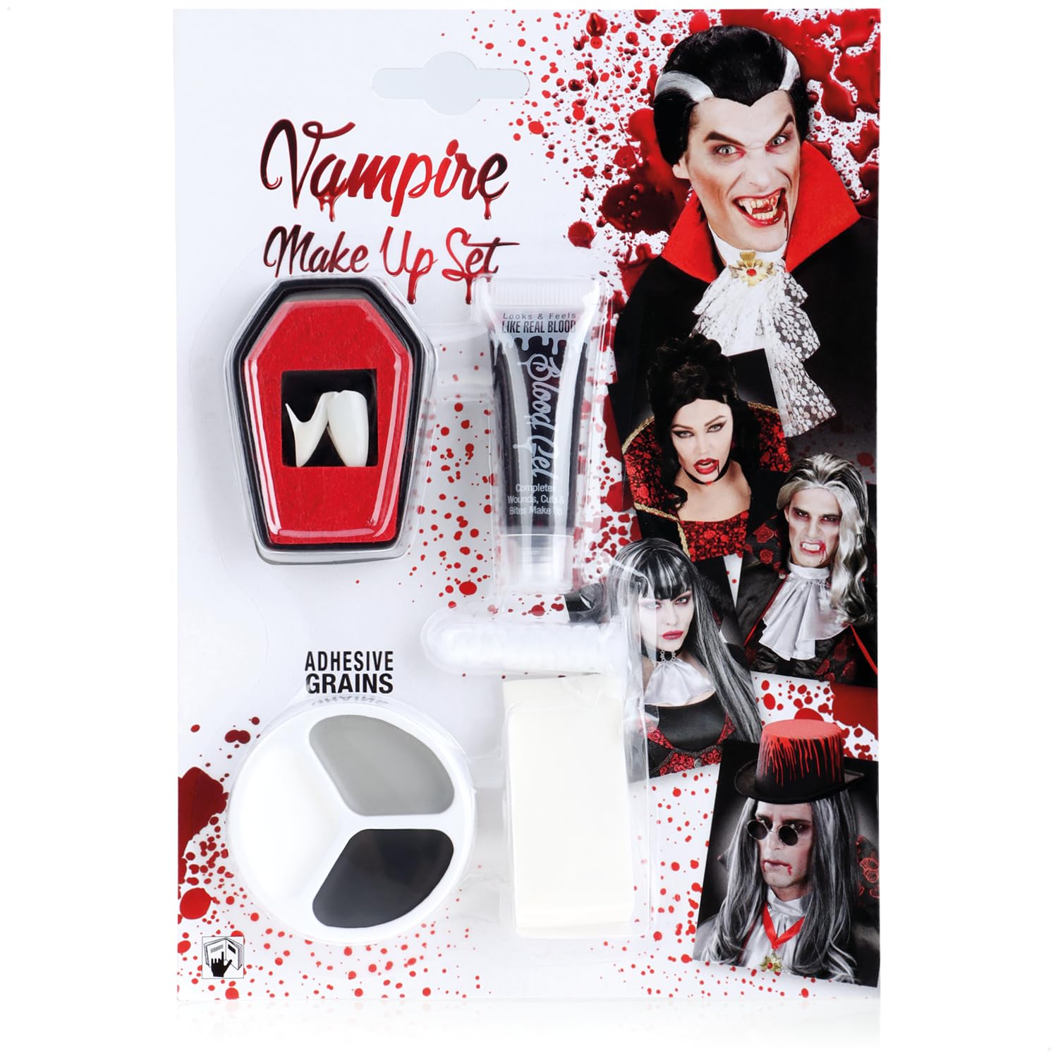 COM-FOUR® 5-czesciowy zestaw do makijazu na Halloween - akcesoria do kostiumu wampira z zebami wampira, sztuczna krwia, gabka, koralikami samoprzylepnymi i paleta do makijazu