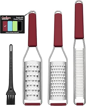 Cambom Cheese Grater Citrus Zester Lemon Zester, Pack of 3, Red | 304 Stainless Steel, Sharp Tool for Parmesan Cheese, Ginger, Garlic, Nutmeg, Chocolate, Vegetables, Fruits, Dishwasher Safe