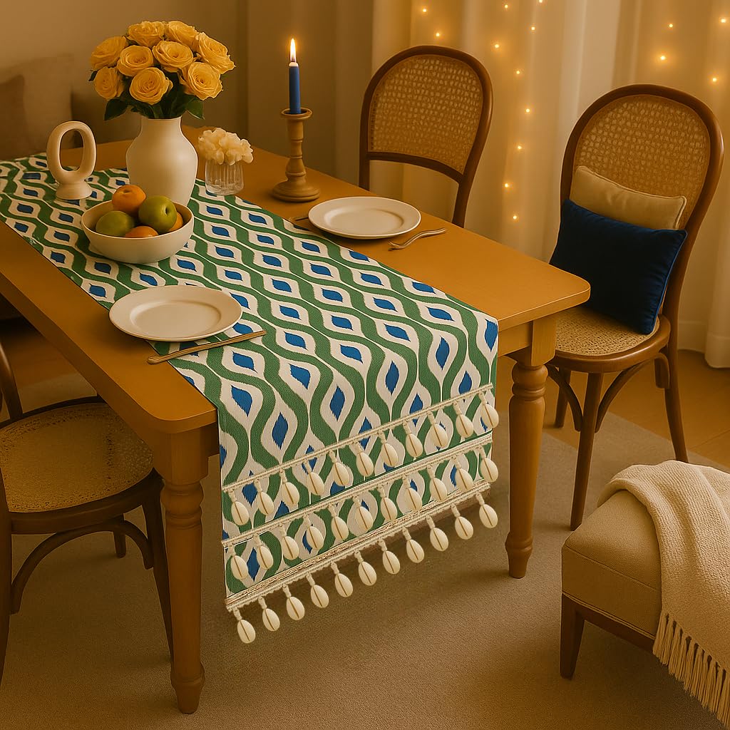 WWW.THROWPILLOW.IN Azure Ikat Print Boho Table Runner with Tassels & Kowri 13x120 Inch| Fits 9 Feet TV Unit, Center Table, Coffee Table, Dining Table, Dresser, Entry Console|Living Room Diwali Decor 3