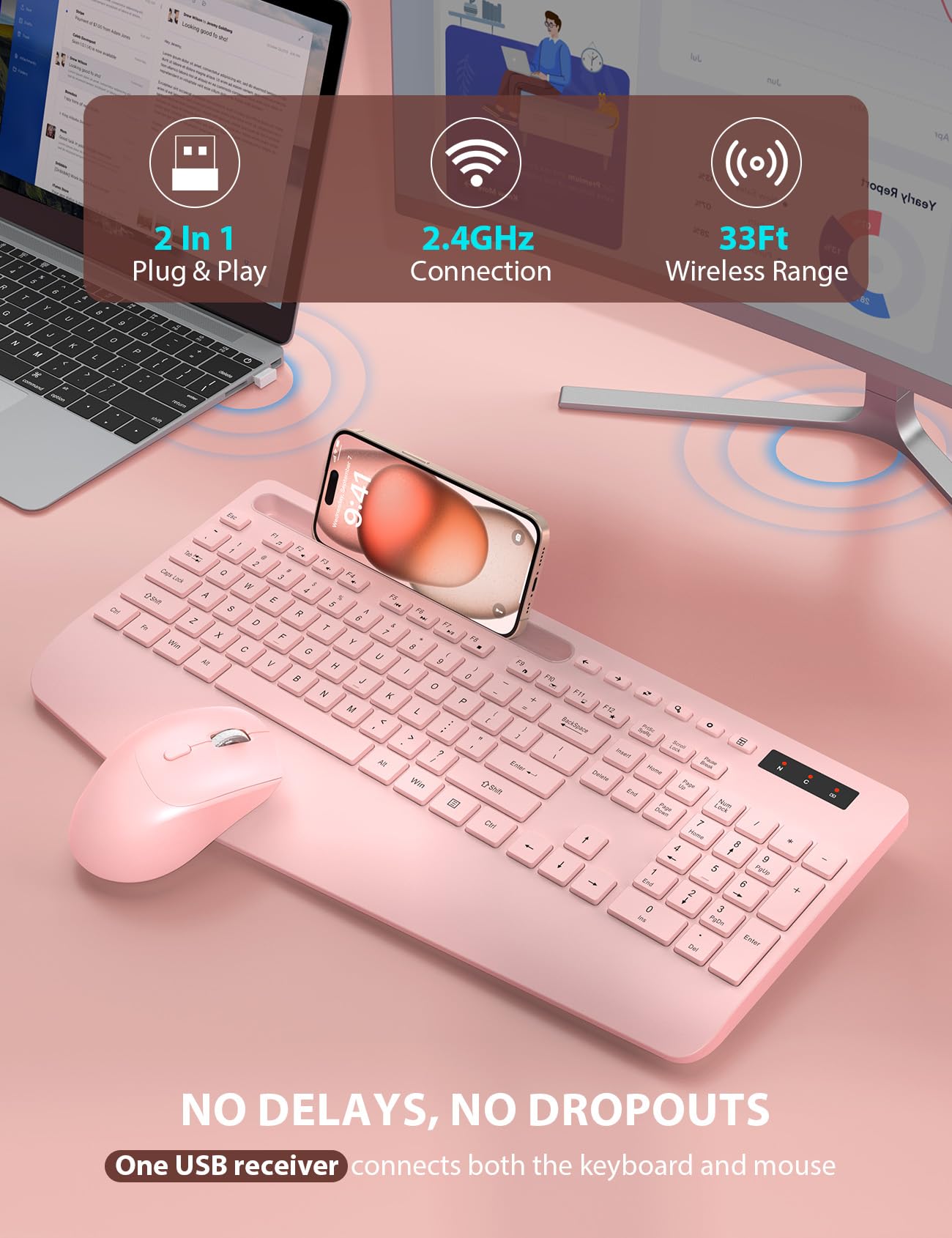 Bezprzewodowa klawiatura i mysz – pełnowymiarowa ergonomiczna klawiatura z podpórką pod nadgarstek, uchwyt na telefon, tryb uśpienia, bezprzewodowa klawiatura i mysz 2,4 GHz, cicha, do komputera
