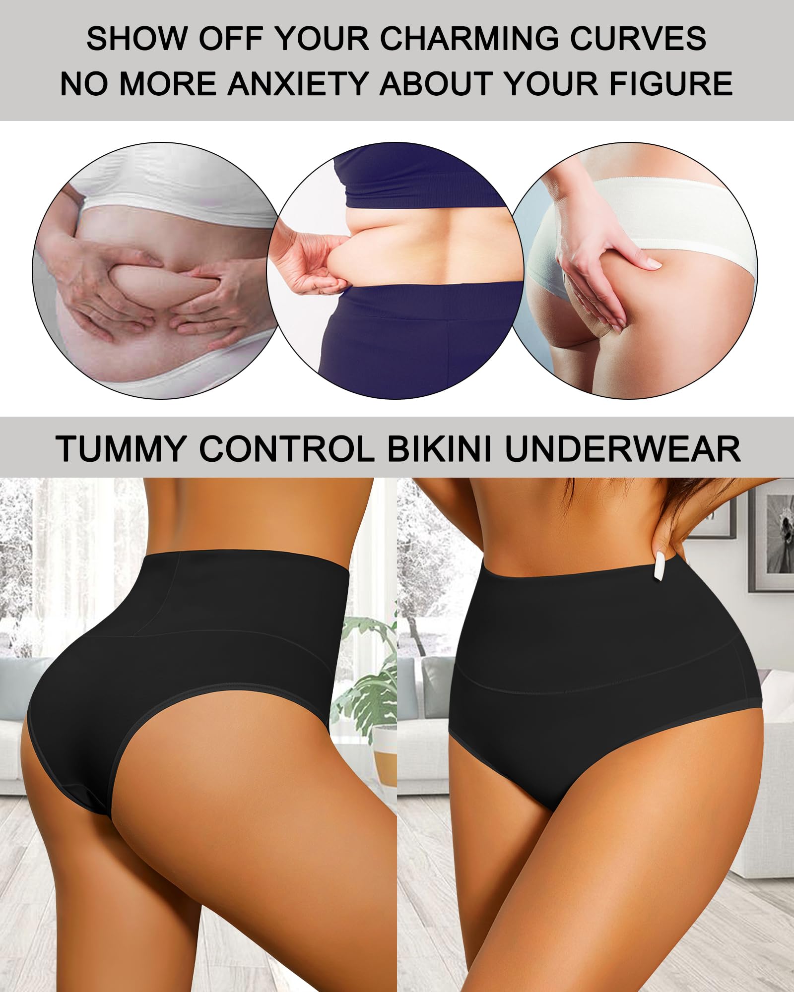 ASIMOON Ropa interior de bikini de cintura alta para mujer, bragas de algodón con control de abdomen, suaves, elásticas, sin rollitos, paquete múltiple